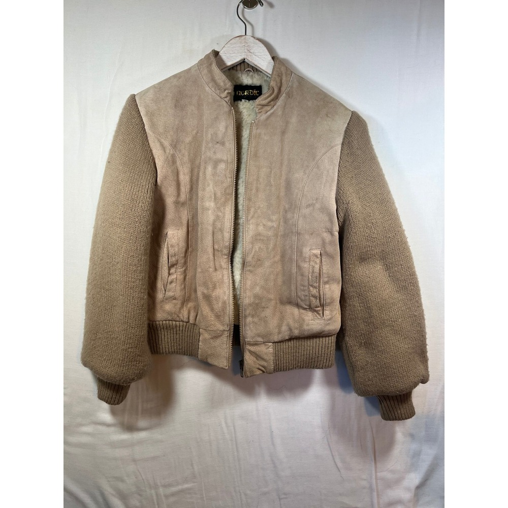 Vintage Noroic Knit Bomber Jacket Tan Pigskin Leather Faux Shearling Lined
